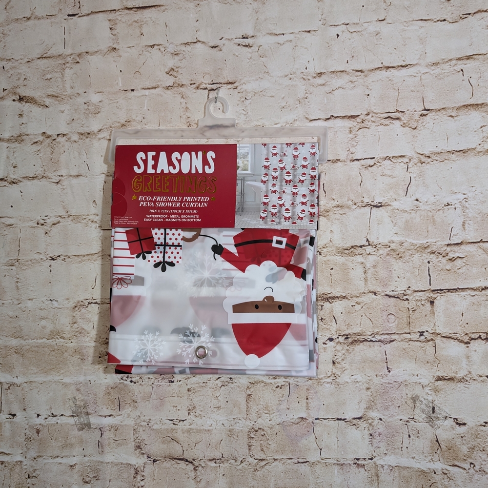 ~Seasons Greetings Peva Brown/ Black Santa Shower Curtain